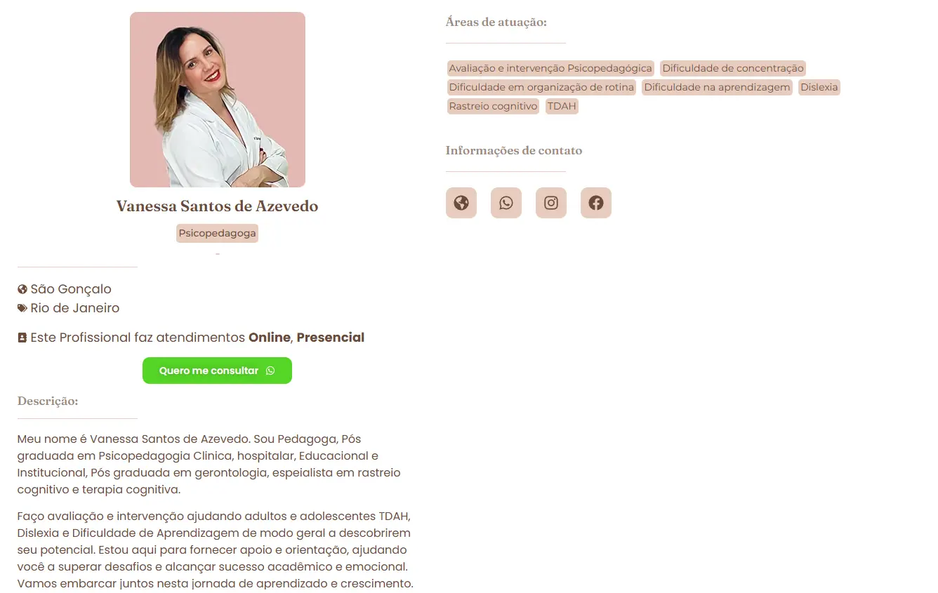 Perfil de Vanessa Santos de Azevedo no ConsultasPsi