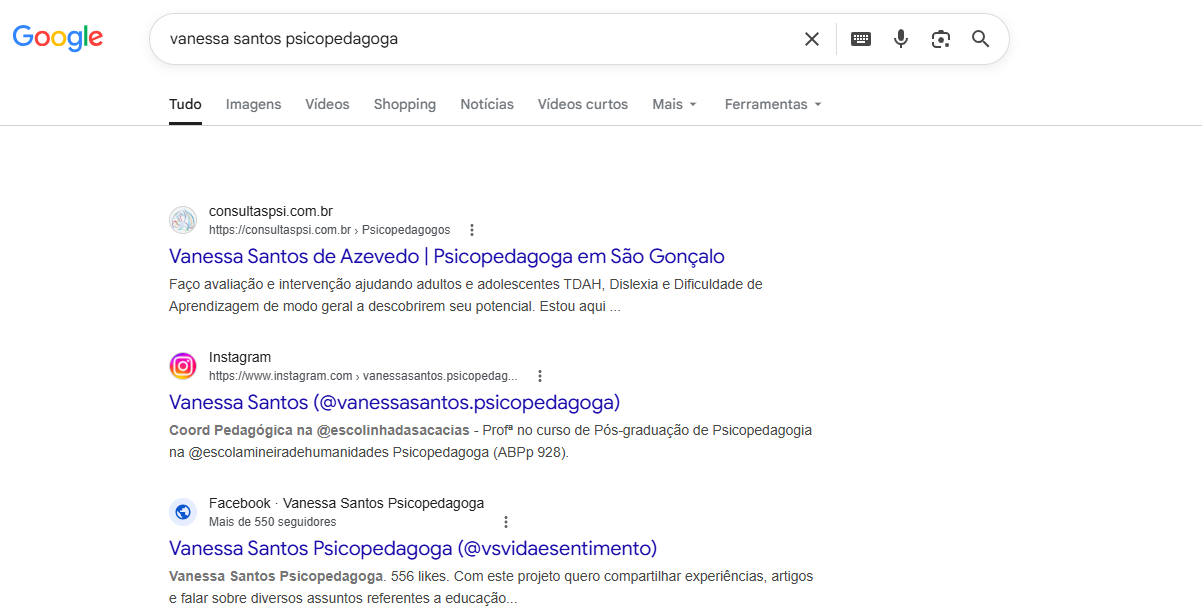 Vanessa Santos de Azevedo aparecendo em primeiro lugar no Google como psicopedagoga em São Gonçalo
